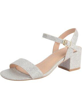 Women's Silver Open Toe Ankle Strap Block Chunky Heel Glitter Sandal Party Shoes
